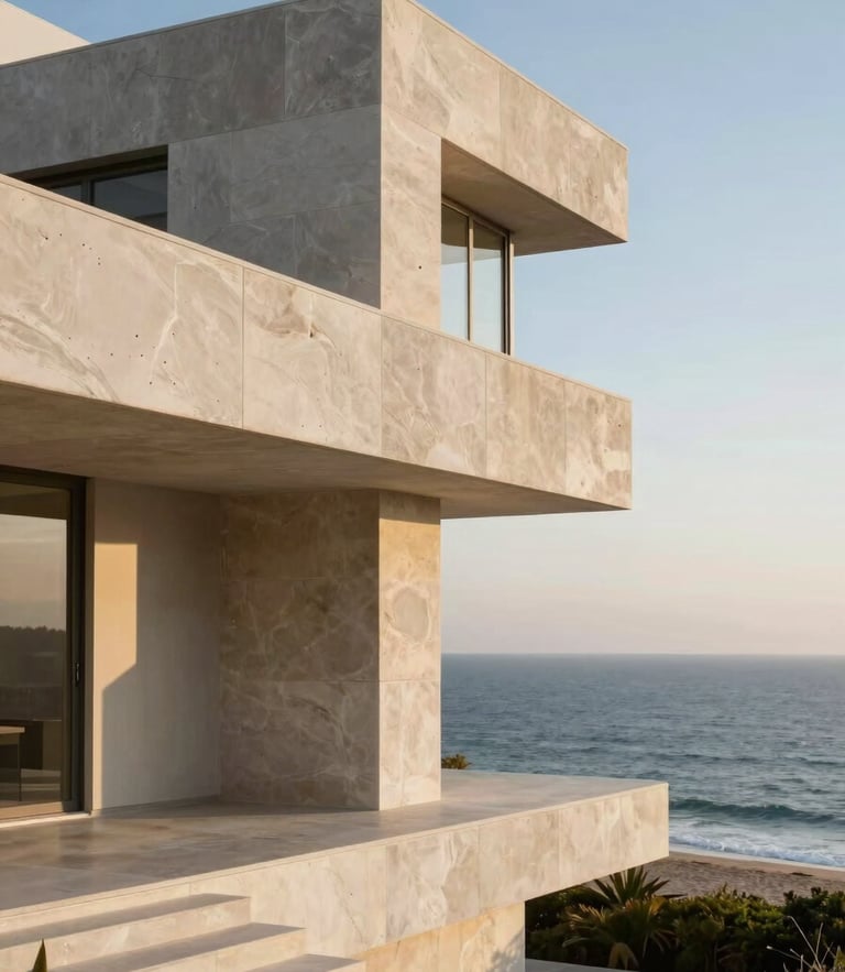 Monolithic limestone residence overlooking the ocean, sharp architectural lines, soft morning light