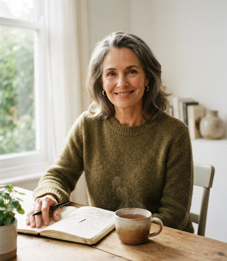 Portrait of a mature woman in her early 50s, smiling thoughtfully, sitting in a sun-drenched minimalist room with an open notebook and a warm mug, soft natural window light, shallow depth of field.
