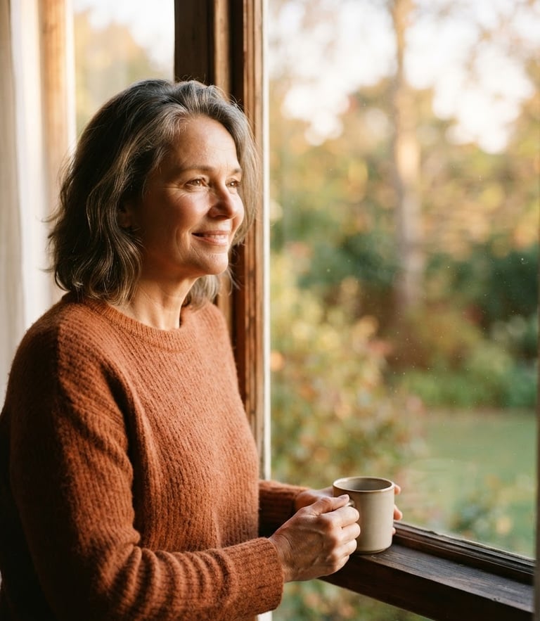Portrait of a serene 55-year-old woman looking out of a sunlit window, warm golden-hour light, soft focus, 35mm editorial style, authentic expression of relief