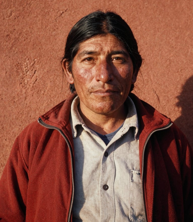 Portrait of a Bolivian community leader in warm golden-hour light, proud expression, rich terracotta tones, authentic documentary photography, 35mm film texture