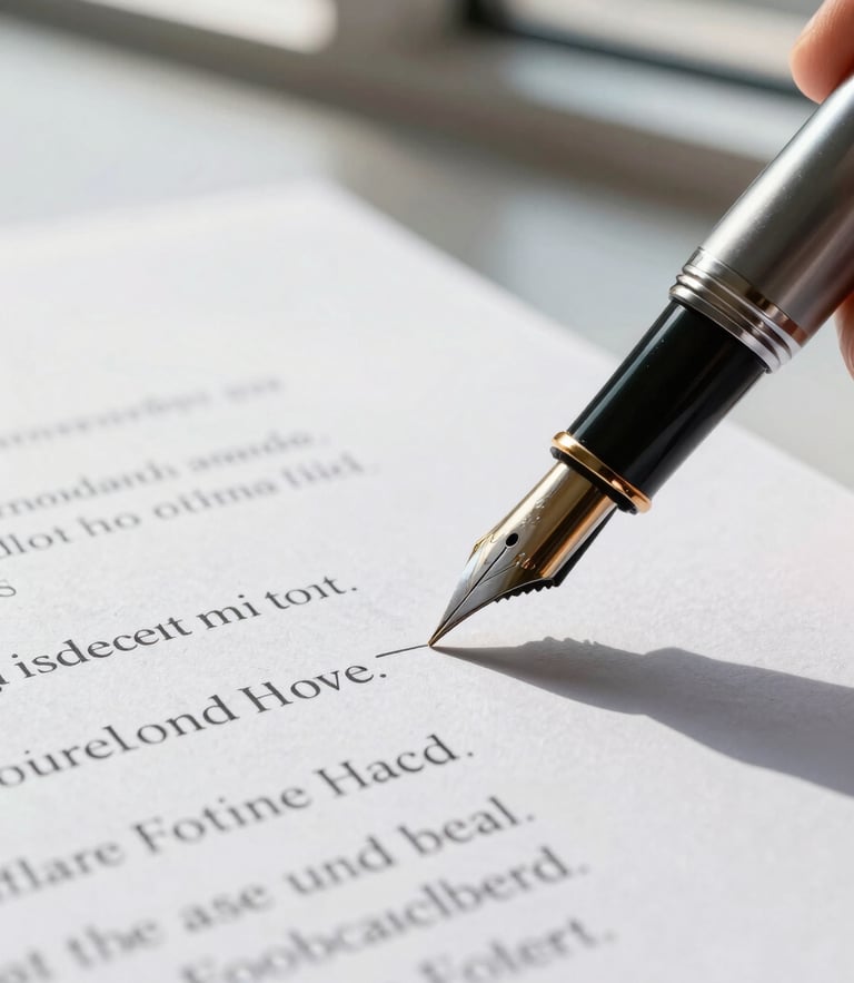 Macro shot of a fountain pen signing a formal legal contract on thick textured paper, bright midday light from a window, clean architectural lines.