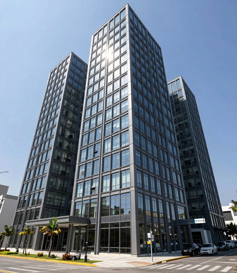 Wide-angle architectural shot of a modern glass and steel commercial development in Ciudad del Este under bright, clear midday sunlight.