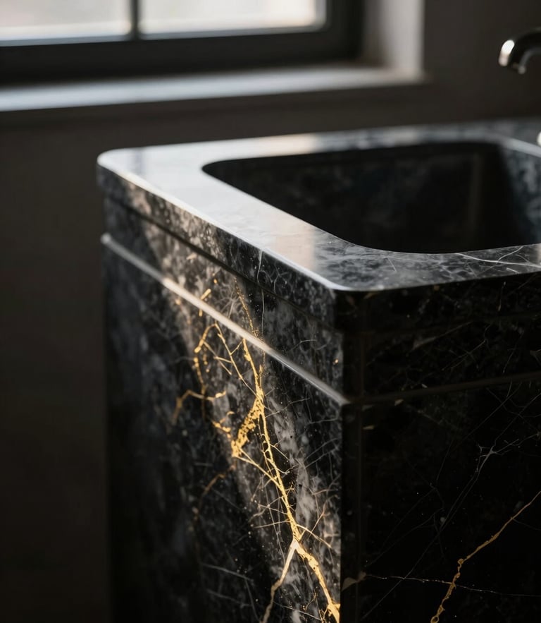 Architectural close-up of a dark porcelain sink with a precision-sculpted mitered edge, dramatic side-lighting from a high window, dark moody shadows, gold veins visible on the stone texture