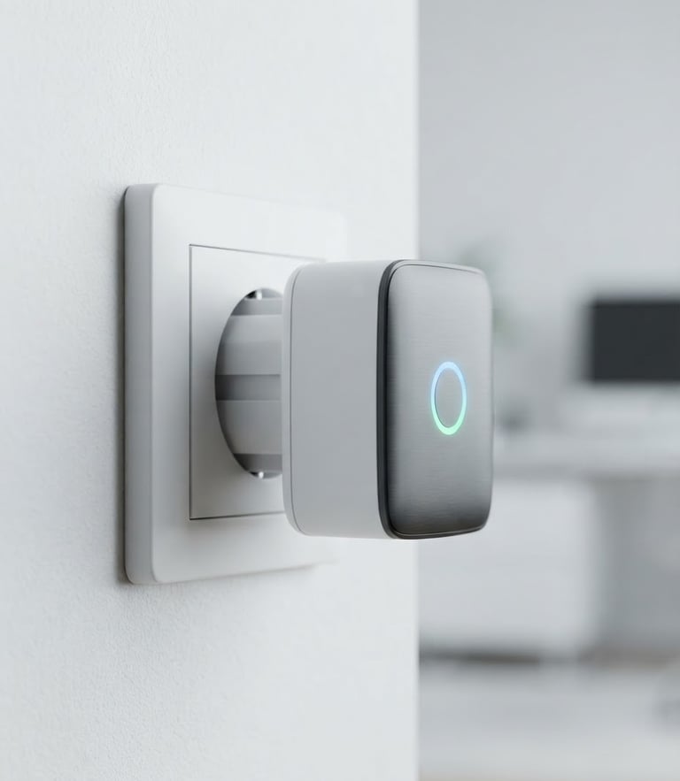 Sleek physical Smart Save device plugged into a modern wall outlet, clean high-tech studio lighting with subtle blue and green ambient accents, sharp focus, 50mm