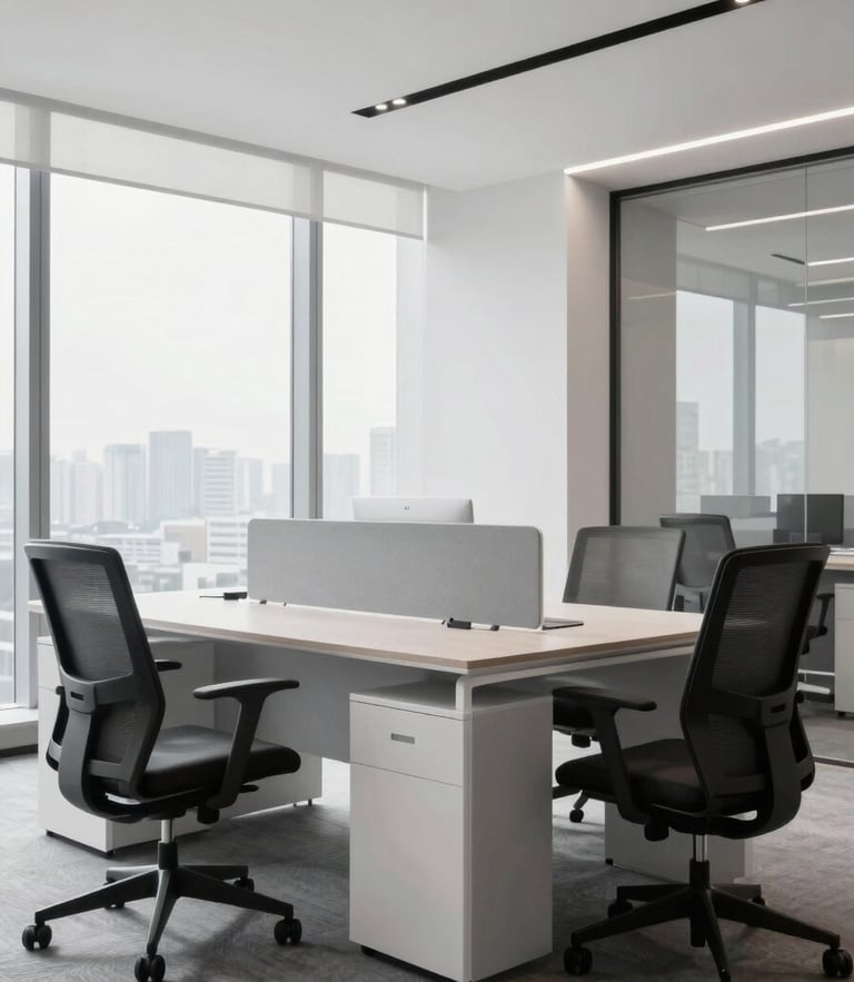 modern corporate office interior photography, clean minimalist design, soft natural daylight, professional ergonomic furniture, high-end architectural style, 35mm lens