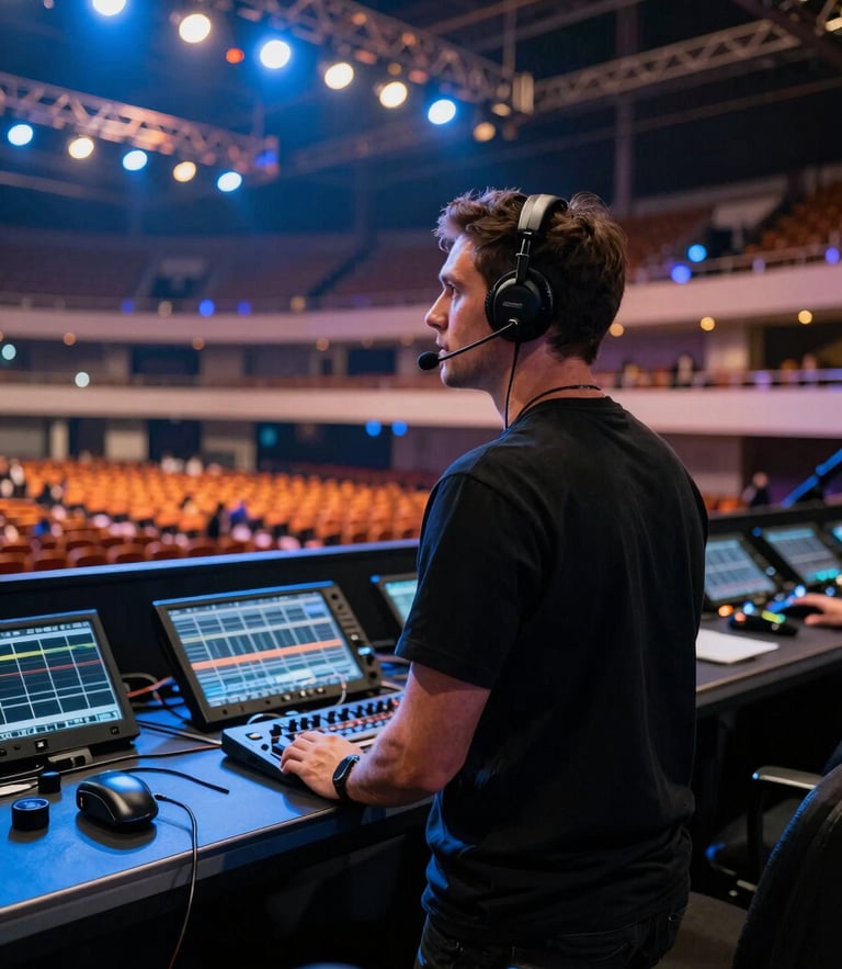 Environmental portrait of a stage production manager in black attire, wearing a headset, looking toward a brightly lit arena stage during soundcheck, daylight mixed with stage lights.