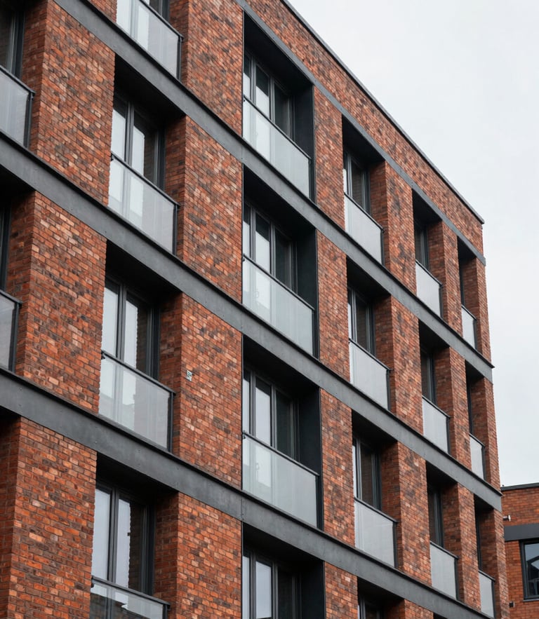 Tight architectural shot of a modern brick and steel multi-family building facade, overcast daylight, emphasizing structural textures and clean lines.