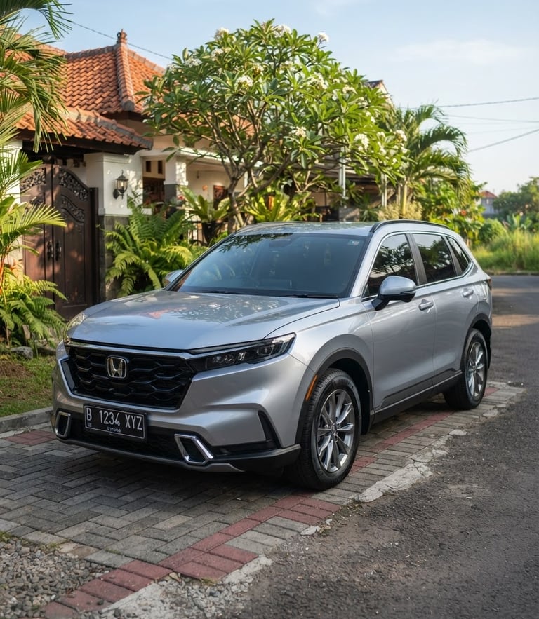 Three-quarter eye-level shot of a clean silver family SUV parked in a bright Indonesian residential driveway, warm morning sun, sharp focus, 35mm lens