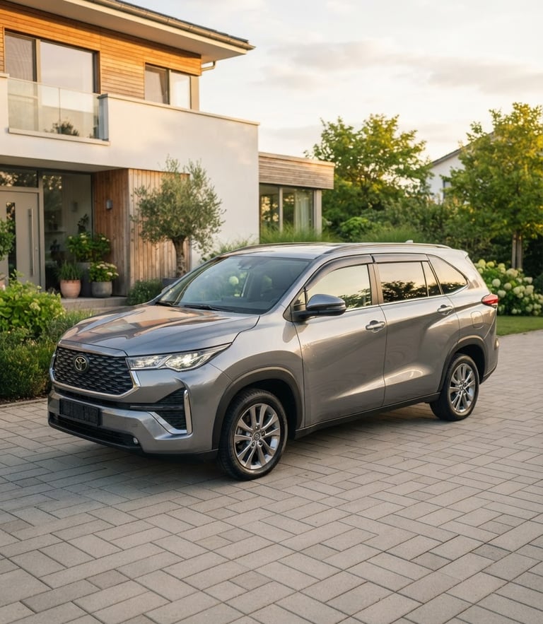 Mobil MPV keluarga berwarna abu-abu metalik terparkir rapi di halaman rumah modern berpaving, cahaya matahari sore yang hangat menerangi bodi mobil, sudut pengambilan gambar tiga perempat.