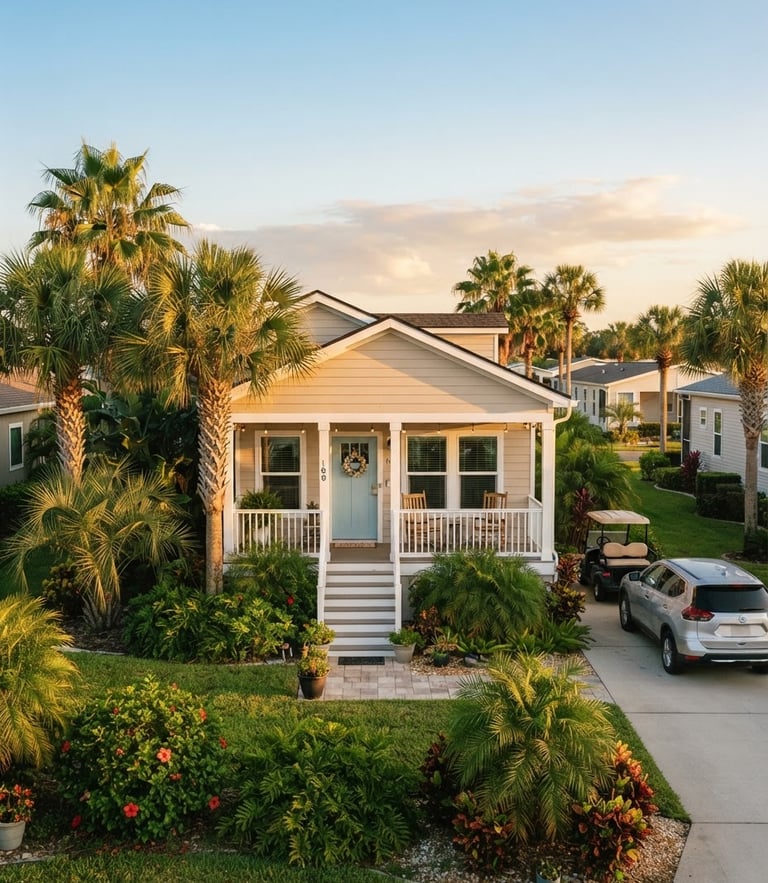 A bright, sun-drenched exterior of a modern manufactured home in Lakeland, Florida, surrounded by lush green palm trees under warm golden-hour sunlight, 35mm lens