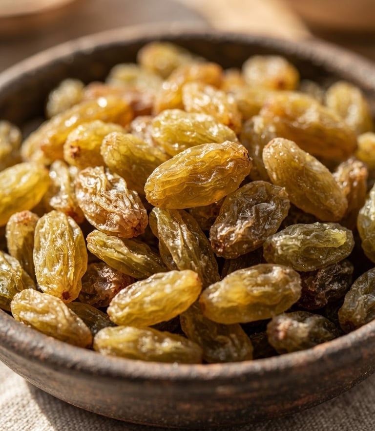 Macro photography of premium Afghan green raisins, sun-drenched, rich golden-green textures, shallow depth of field, sharp editorial food photography.