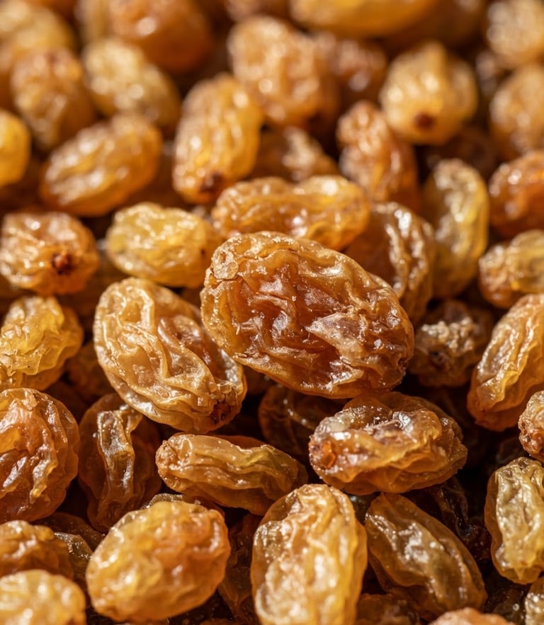 Extreme macro photography of premium golden raisins, sun-drenched natural lighting, rich warm earth tones, sharp texture detail.