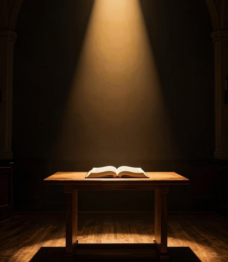 Dramatic church photography, warm golden spotlight cutting through deep black background, empty wooden altar with open bible, 35mm high contrast