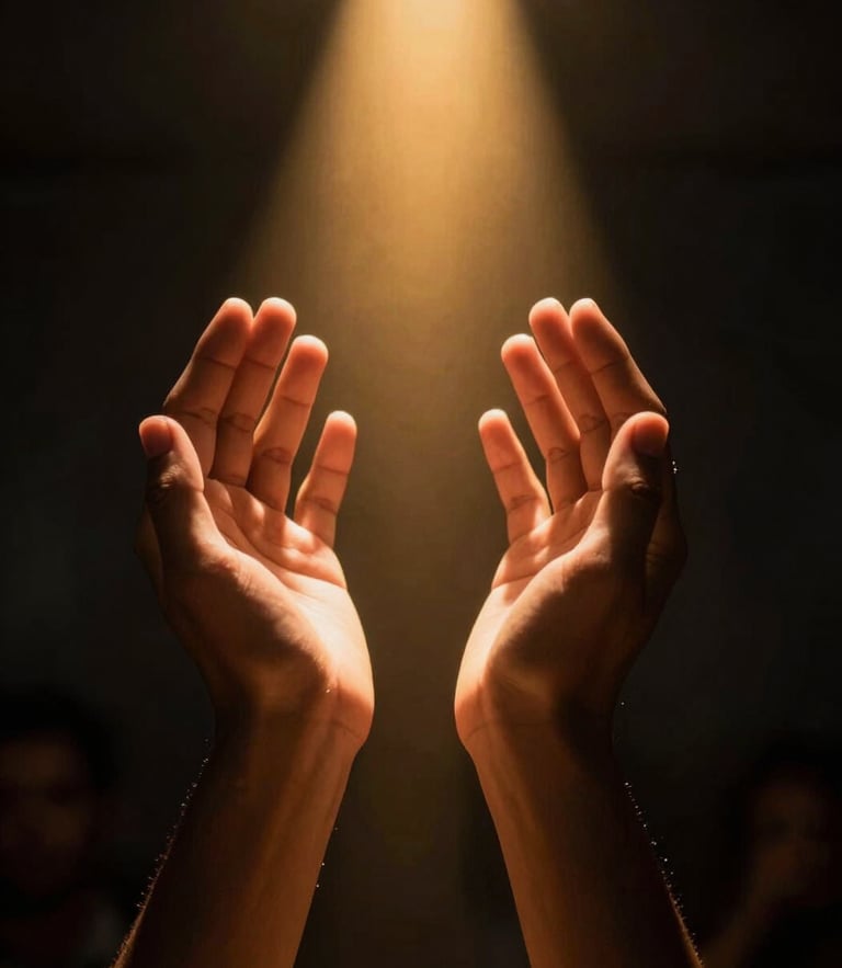 Dramatic close-up of hands raised in prayer, warm golden spotlight cutting through deep black background, high contrast, 35mm photography