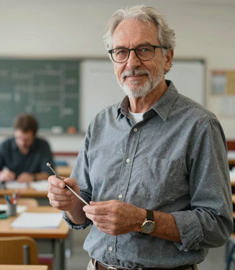 Dignified portrait of a senior technical educator in a workshop, holding a drafting tool, looking confident, natural daylight, 35mm lens