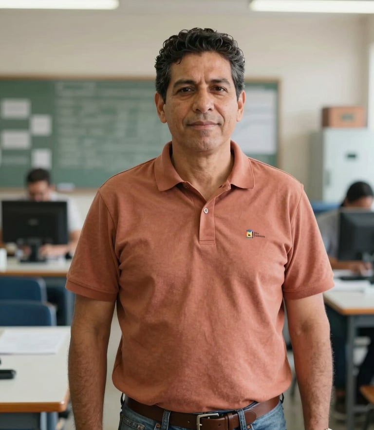 Dignified portrait of a Colombian technical instructor in a high-tech workshop, natural daylight, warm terracotta tones, 35mm lens.