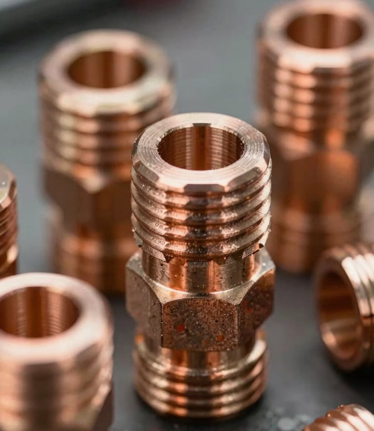 Close-up of clean, professionally soldered copper pipe fittings under bright work lights, reflecting structural precision and master craftsmanship.