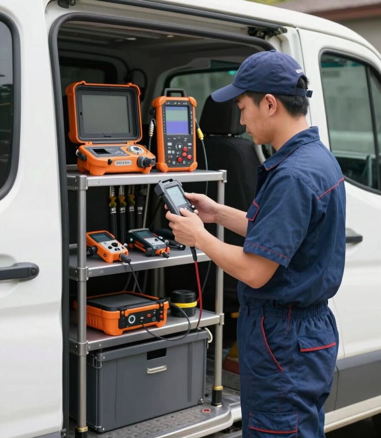 A professional plumbing technician standing next to a clean, organized service vehicle loaded with high-tech diagnostic gear under bright daylight.