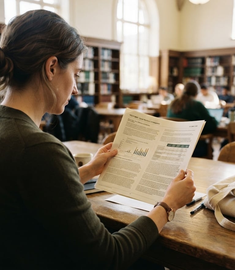 Over-the-shoulder perspective of an academic researcher reviewing a printed policy brief in a sunlit library, soft natural daylight, muted earthy tones.