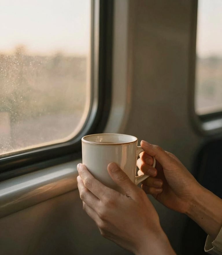 Minimalist aesthetic photo of hands holding a warm ceramic mug near a train window, soft golden hour daylight, warm editorial tones, 35mm film aesthetic