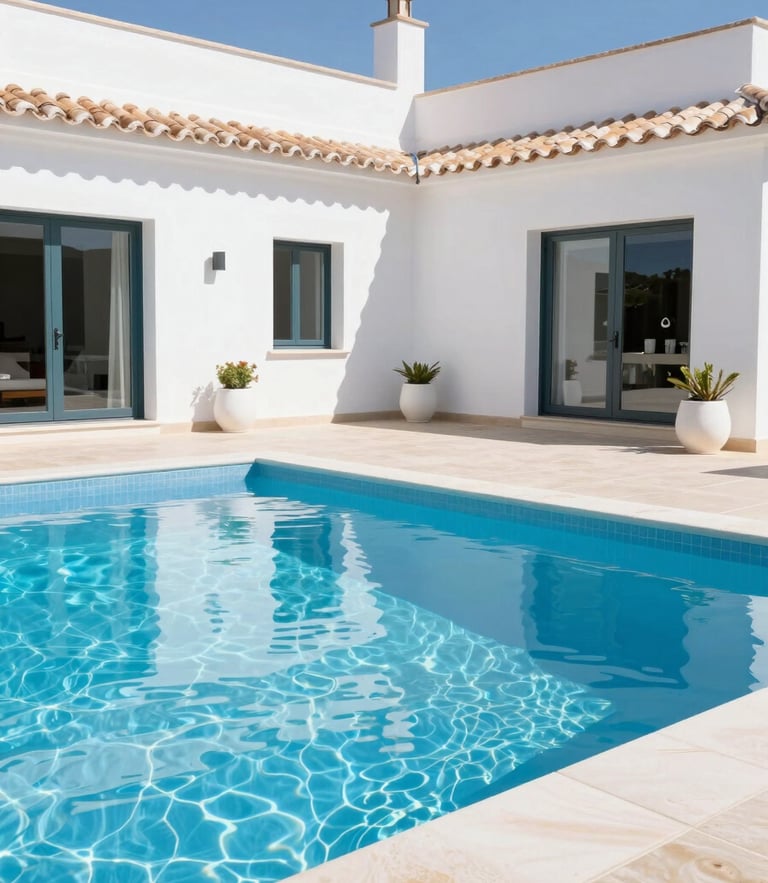 Bright editorial photography of a pristine white Marbella villa terrace with a sparkling blue pool, sharp focus, sun-drenched Mediterranean daylight