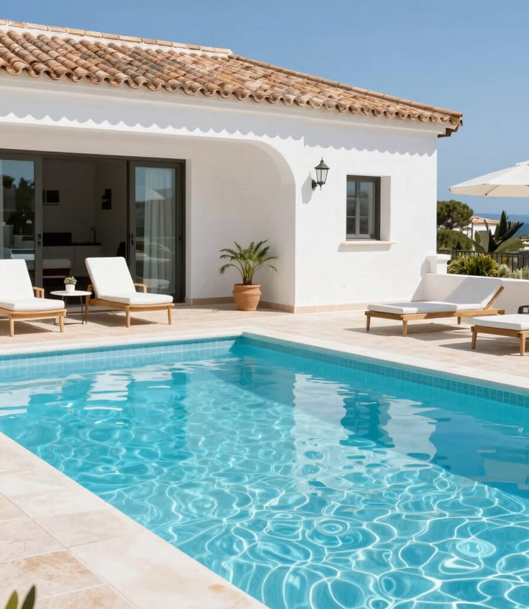 Bright editorial photography of a sun-drenched Marbella villa terrace with a clean swimming pool, sharp focus, morning light, 35mm.