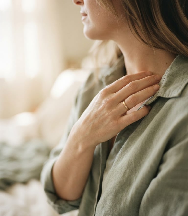 Close-up of a person's hand resting gently on their chest, soft morning window light filtering through, warm cream and muted sage tones, shallow depth of field, 35mm