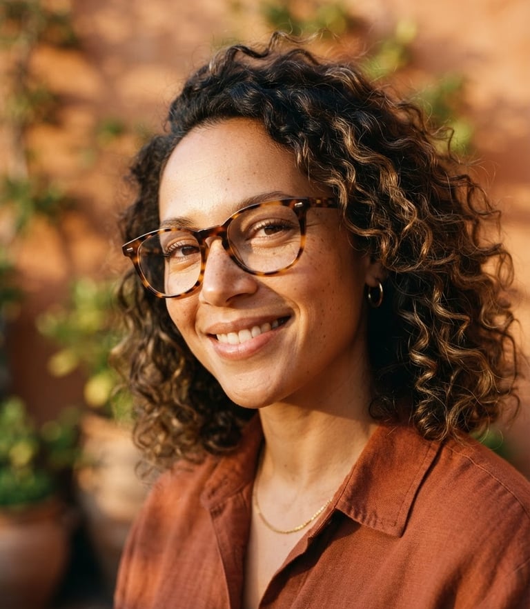 A close-up portrait of a creative woman in golden-hour sunlight wearing hand-polished acetate glasses, soft natural shadows, warm terracotta background, 35mm film style.