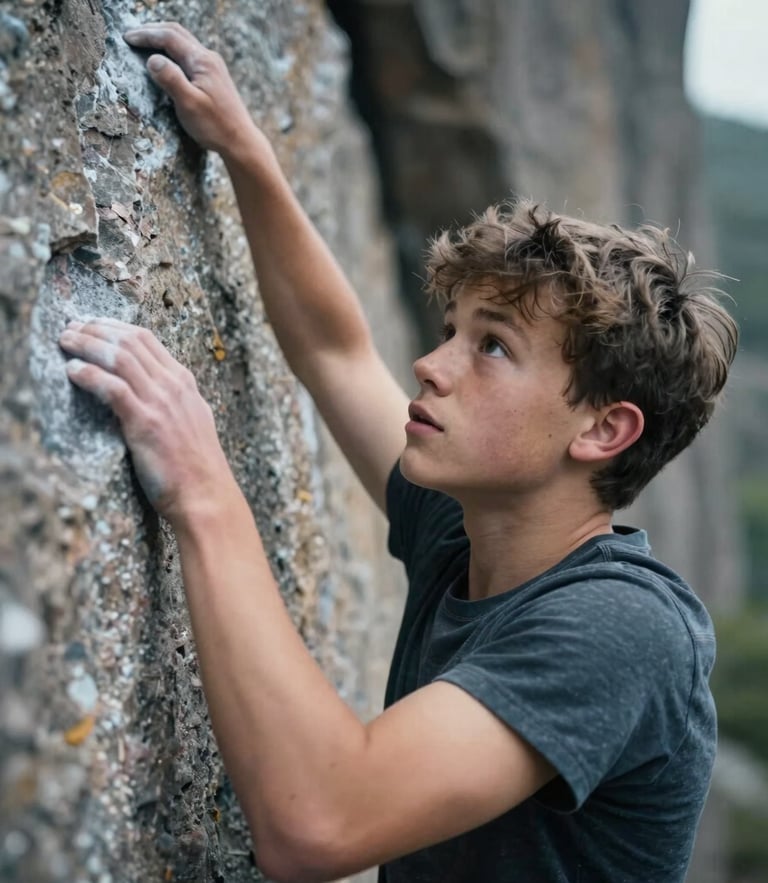 A close-up portrait of a teenager scaling a granite rock face, looking upward with intense focus, cold overcast light, raw textures.