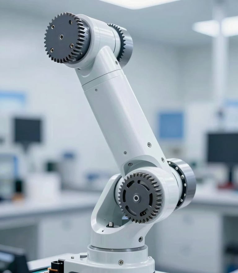 Macro close-up of a high-precision robotic joint, clean laboratory lighting, sharp focus on mechanical gears, bright daylight accents