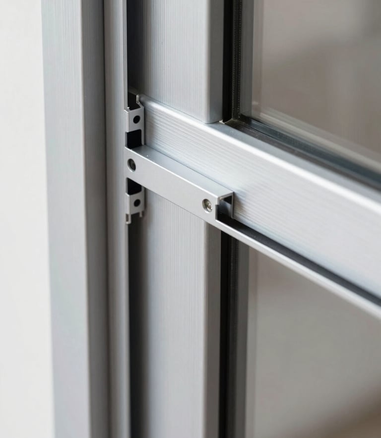 Extreme close-up of a sleek aluminum sliding door profile, clean architectural studio lighting, highlighting metallic textures and precise mechanical joints, 35mm lens