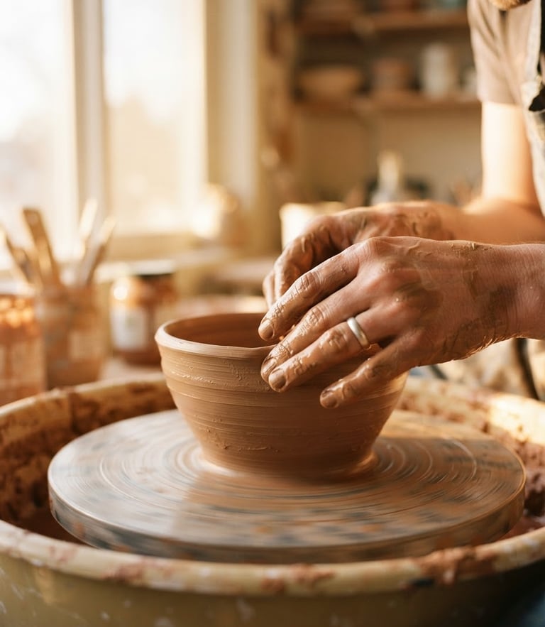 Close-up of hands covered in wet clay shaping a stoneware bowl on a potter's wheel, warm golden-hour light streaming through a window, earthy terracotta tones, shallow depth of field, 35mm film