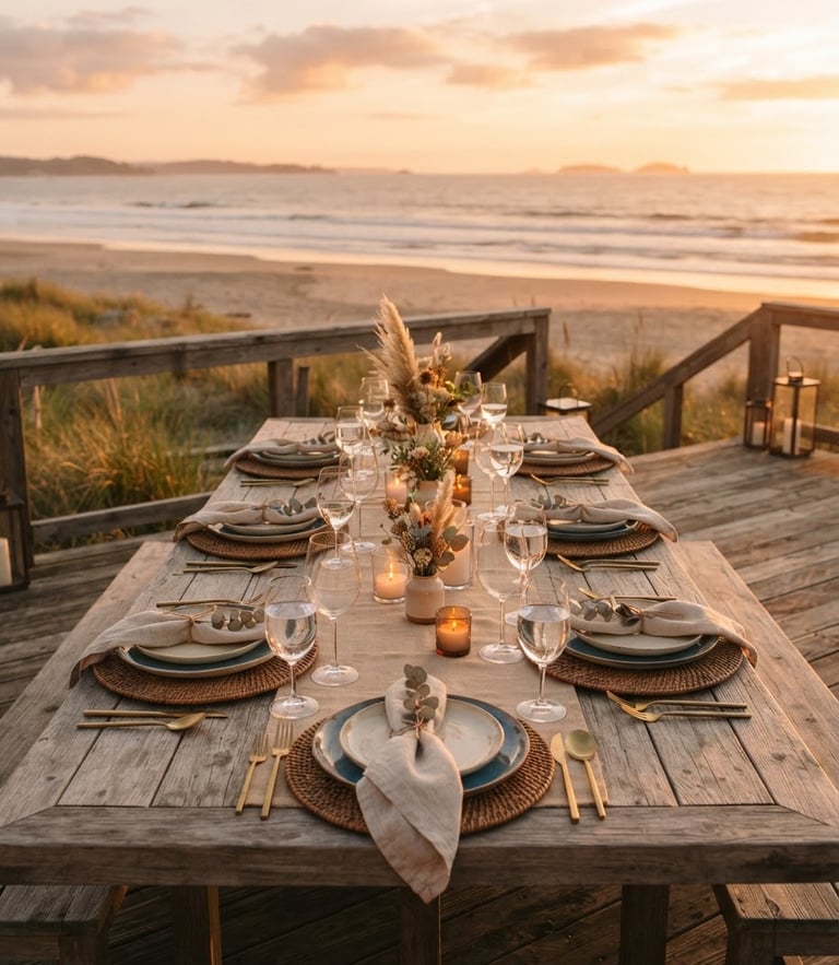 Warm editorial photography of an elegant, empty wooden dining table set on a beach deck at sunset, soft golden hour light, shallow depth of field, 35mm