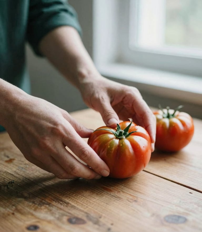 Close-up of hands arranging fresh heirloom tomatoes on a rustic wooden table, soft Scandinavian window light, shallow depth of field