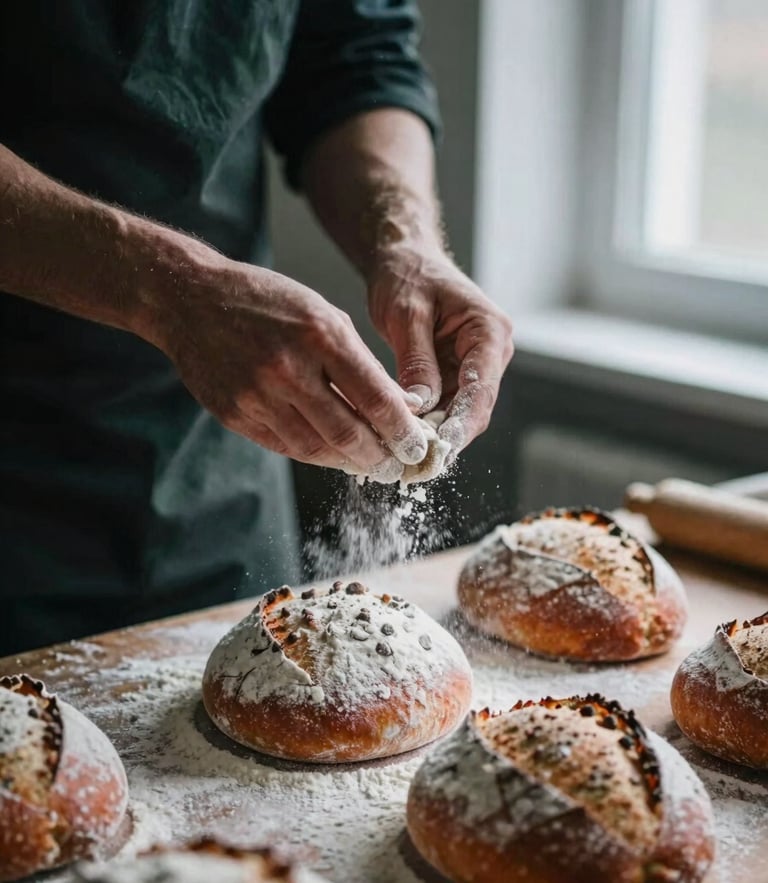 Close-up of a chef's hands dusting flour over freshly shaped sourdough loaves, soft Scandinavian window light, moody shadows, 35mm film.