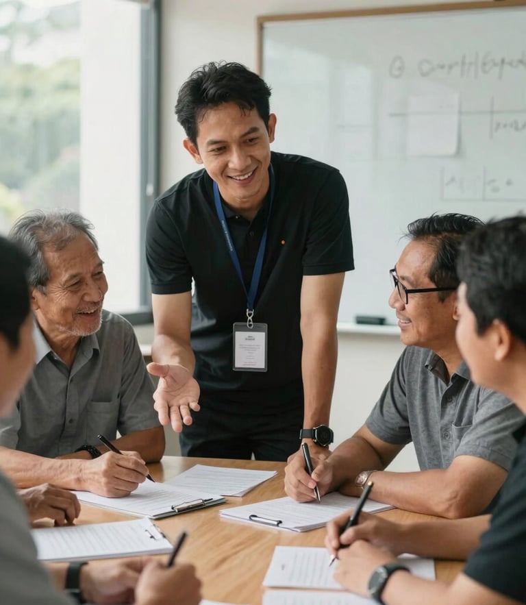 A professional Indonesian trainer in a warm-lit corporate workshop setting, guiding mature participants who are smiling and collaborating around a table with worksheets, soft natural daylight, medium shot