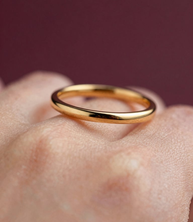 Close-up of a delicate gold ring on skin, catching soft warm natural light, deep plum background, macro details, 35mm lens