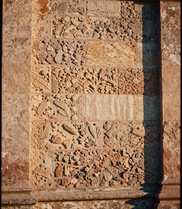 Elegant close-up of Oaxacan stone wall during golden hour, soft shadows, warm natural light, medium format film