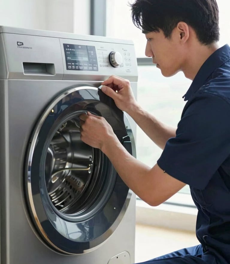 A professional technician in a clean navy uniform adjusting the digital dial of a modern premium washing machine, bright natural daylight, cool metallic tones, sharp focus, 35mm lens.
