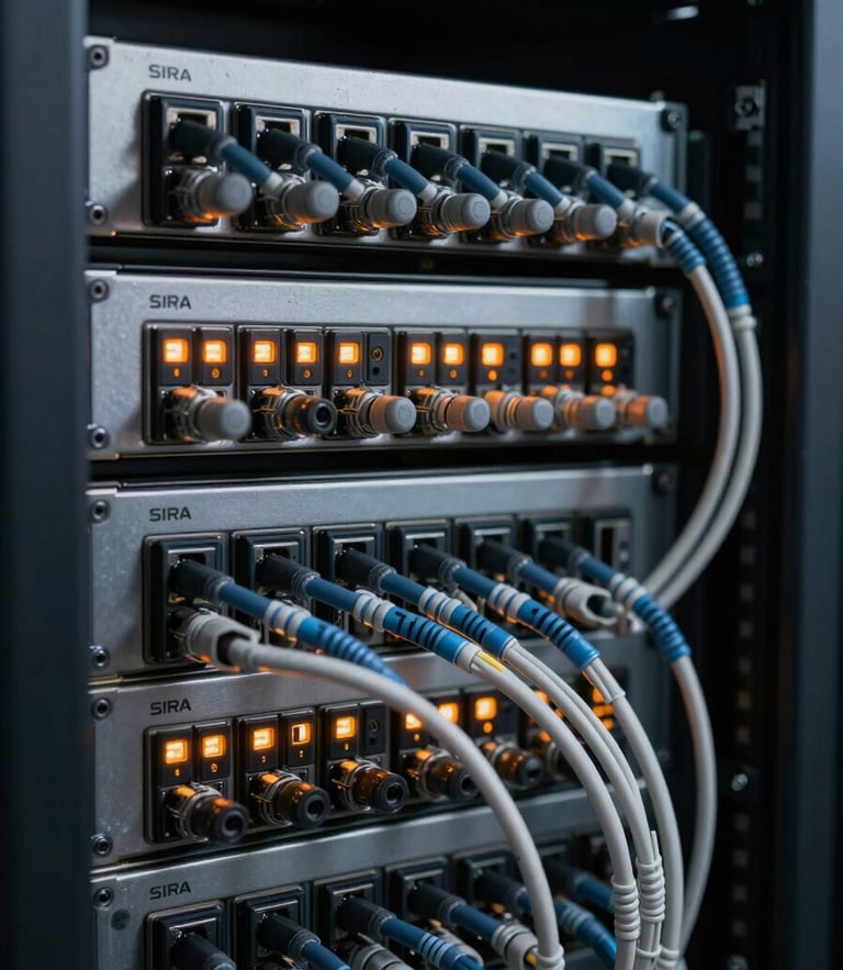 Extreme close-up of a SIRA-compliant server rack, immaculate comb-dressed cabling running into a steel patch panel, sharp orange LED status indicators glowing in a dark server room.