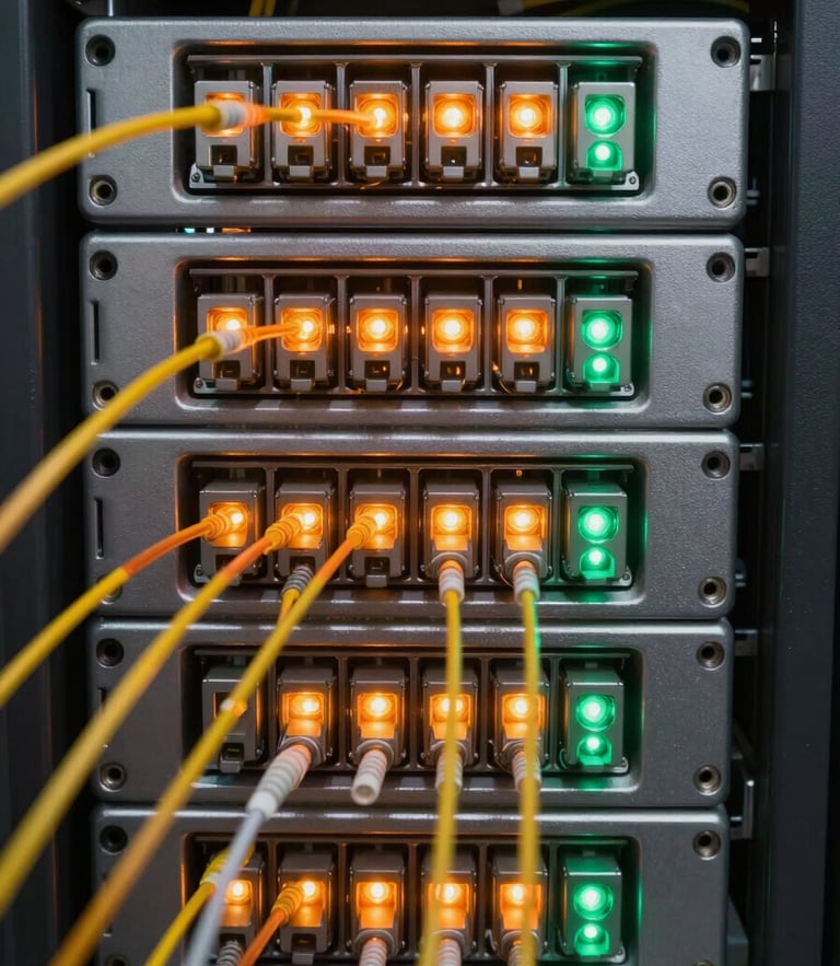 Extreme macro detail of physical fiber optic connections inside a server rack, sharp native orange and green LED status lights glowing, straight-on architectural framing, cool steel-gray tones.
