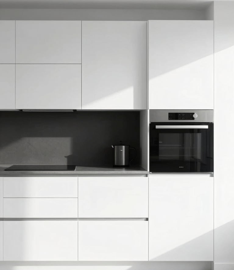 Minimalist interior photography, crisp natural daylight, a newly installed modern kitchen in Fribourg, clean black and white tones, sharp focus, 35mm
