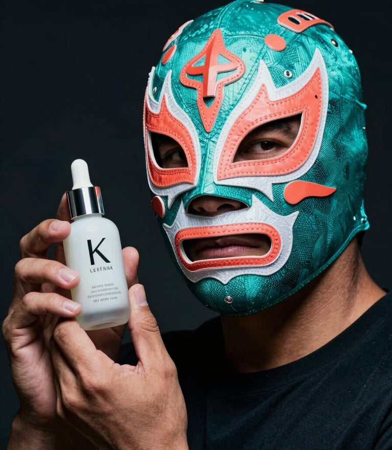 Studio portrait of a Mexican luchador wearing a highly detailed, custom teal and coral mask, holding a sleek minimalist K-beauty serum bottle, dramatic high-contrast lighting, dark background, 35mm