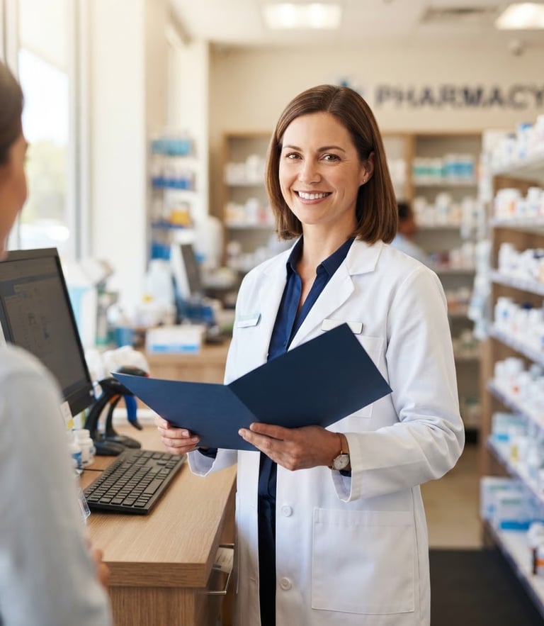 A professional clinical pharmacist in a pristine white coat, holding a consultation folder, warm friendly expression, sunlit modern pharmacy interior, shallow depth of field.