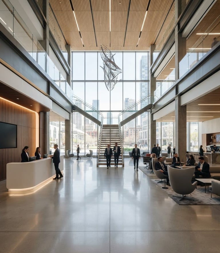 Wide-angle architectural shot of a modern corporate building lobby, clean polished concrete floors, bright natural light, professional composition.