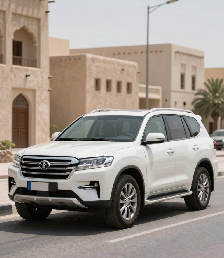 A clean modern white SUV parked in a bright, sunlit contemporary Muscat street with traditional Omani architecture softly out of focus in the background, natural bright daylight.