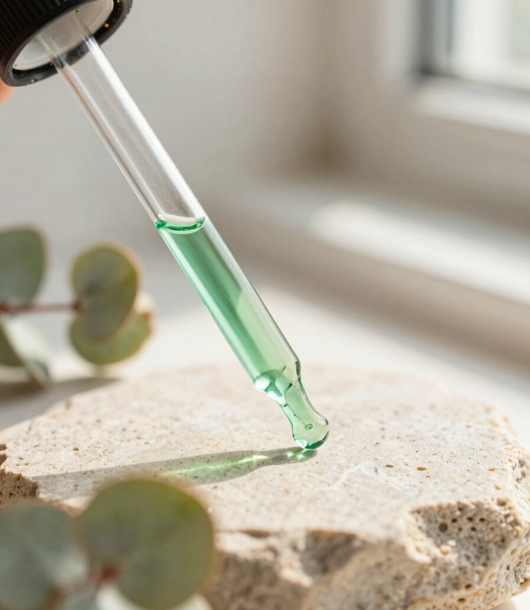 Macro close-up of a green-labeled glass pipette serum bottle resting on raw textured stone, soft morning window light, cream and eucalyptus tones, shallow depth of field, 35mm