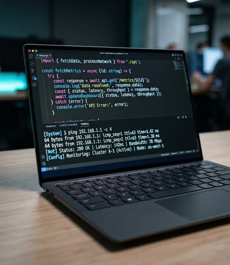 Medium close-up of a modern laptop screen displaying clean code and network diagnostics, cool studio light with subtle cyan ambient glow