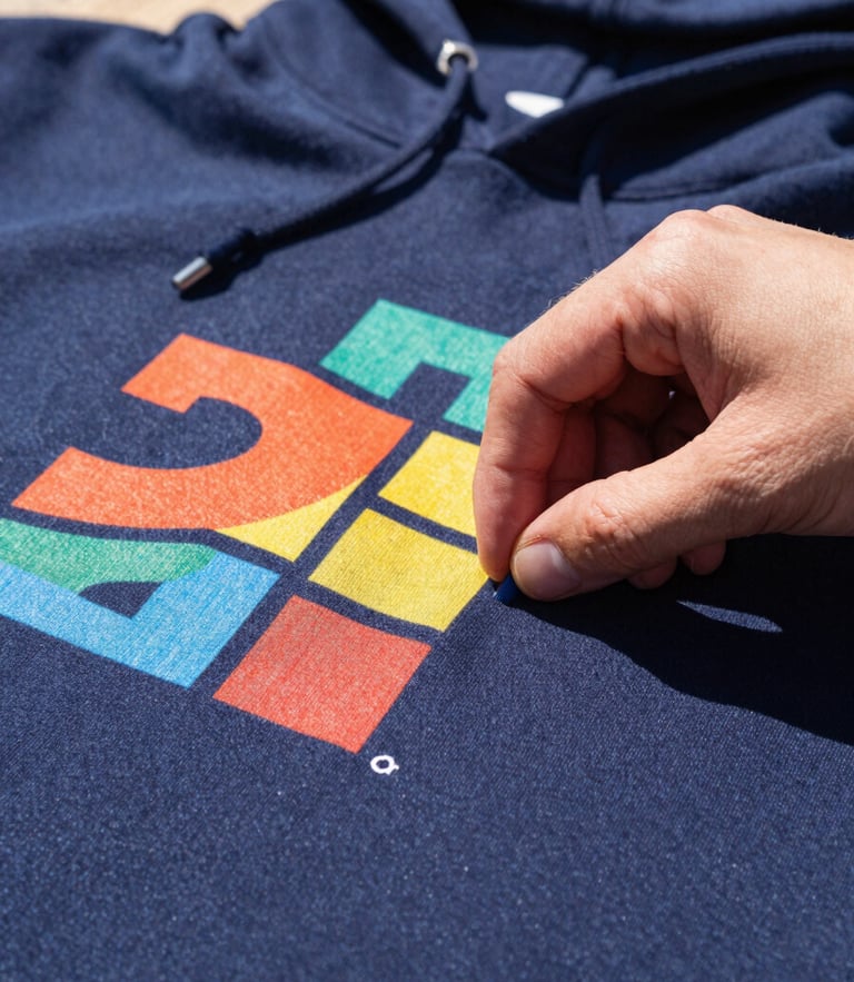 Close-up shot of hands carefully aligning a colorful DTF print on a navy blue cotton hoodie, bright natural daylight, warm color palette, sharp focus on fabric textures.