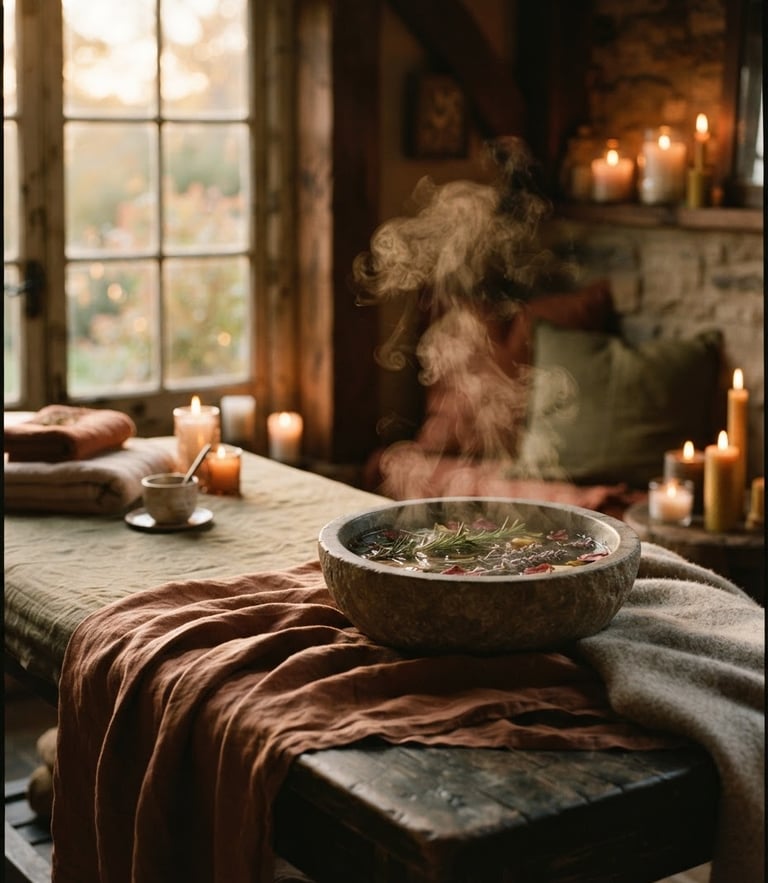Warm editorial photography of a candlelit spa treatment room, soft golden-hour window light, steam rising from a stone bowl, rich earthy tones, shallow depth of field, 35mm